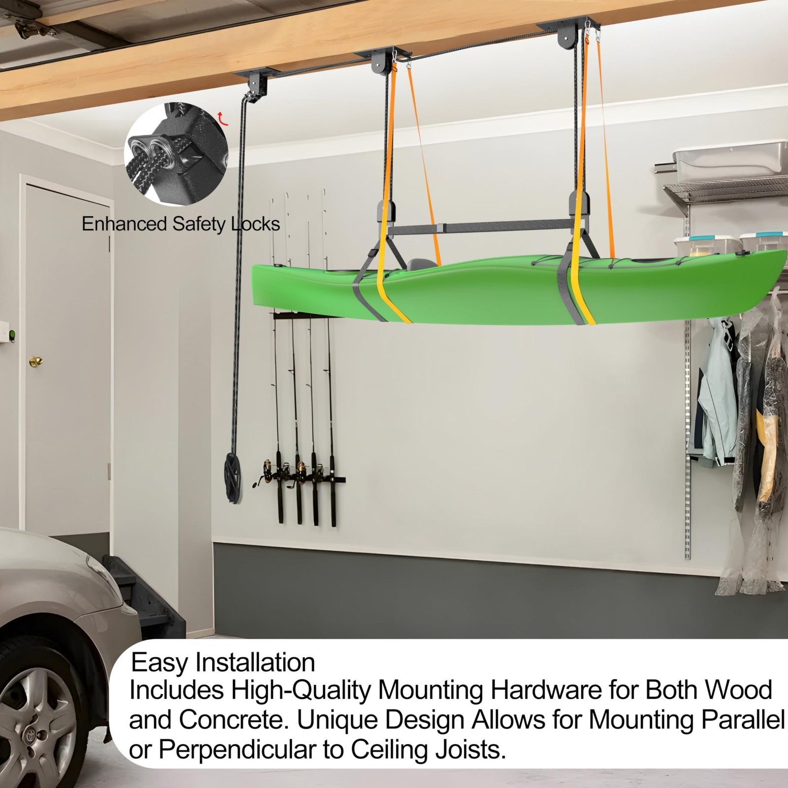 Canoe Hoist Pulley System for Garage Ceiling, 150 lbs Capacity, Overhead Space S