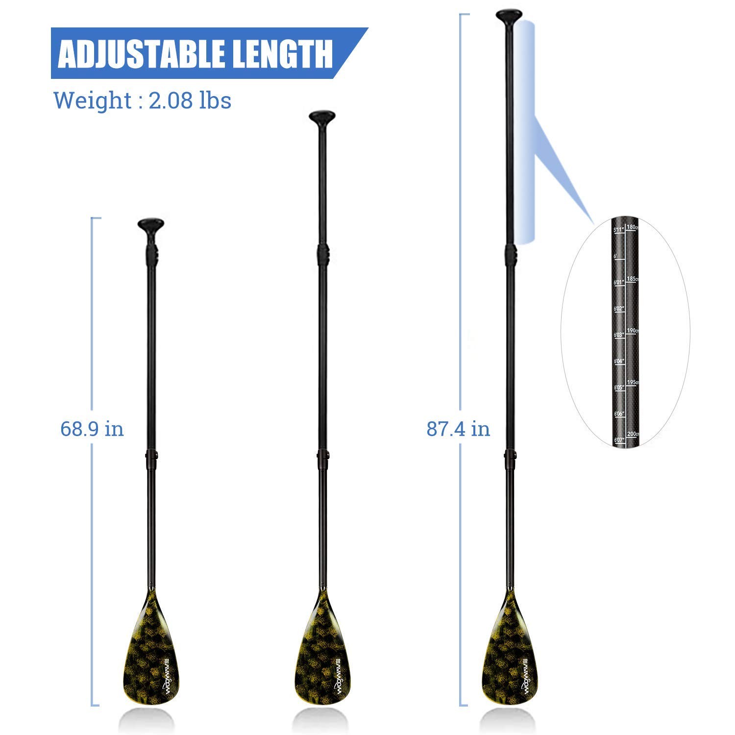 SUP Paddle Adjustable 3 Piece Fiberglass Stand-Up Paddles Floating Portable P…