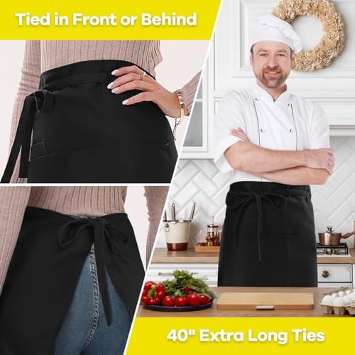 Long Server Apron with 3 Pockets Bistro Half Aprons 1 PACK(34×28 Inches) Black