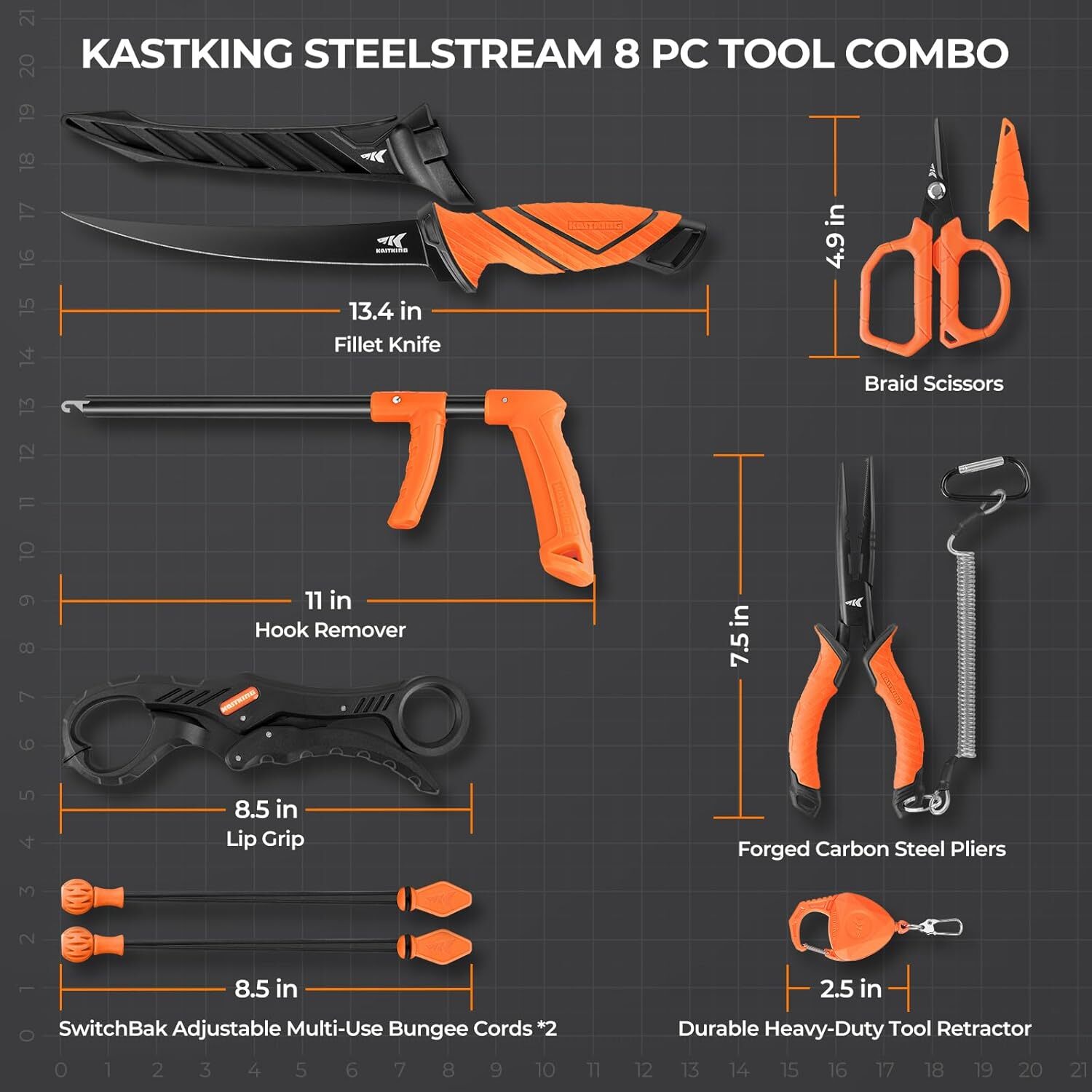 KastKing SteelStream 8pc Fishing Tool Kit Pliers Fillet Knife Lip Gripper & More