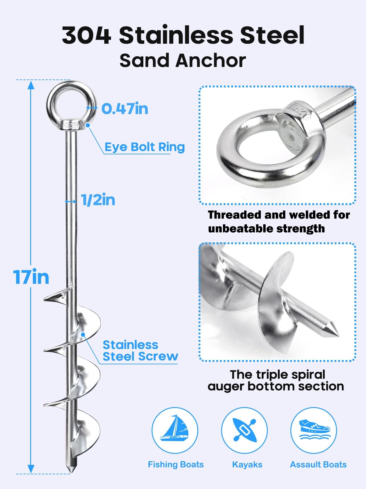 Sand Anchor Kit 17″ 304 Stainless Steel Triple Spiral Auger – 3000 Lbs Load