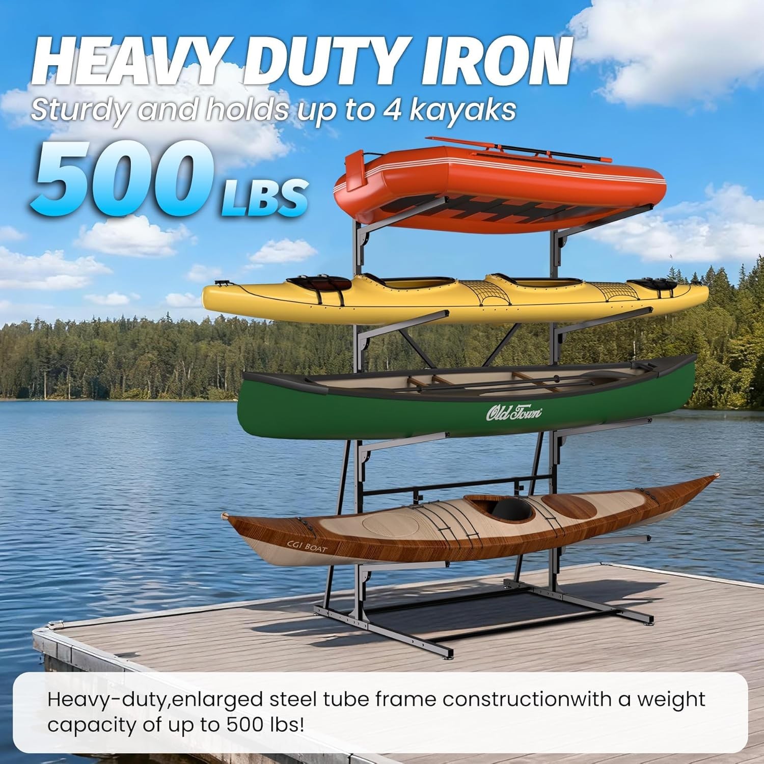 4-Tier Freestanding Kayak Storage Rack for 4 Kayaks 320lbs Capacity Outdoor Use