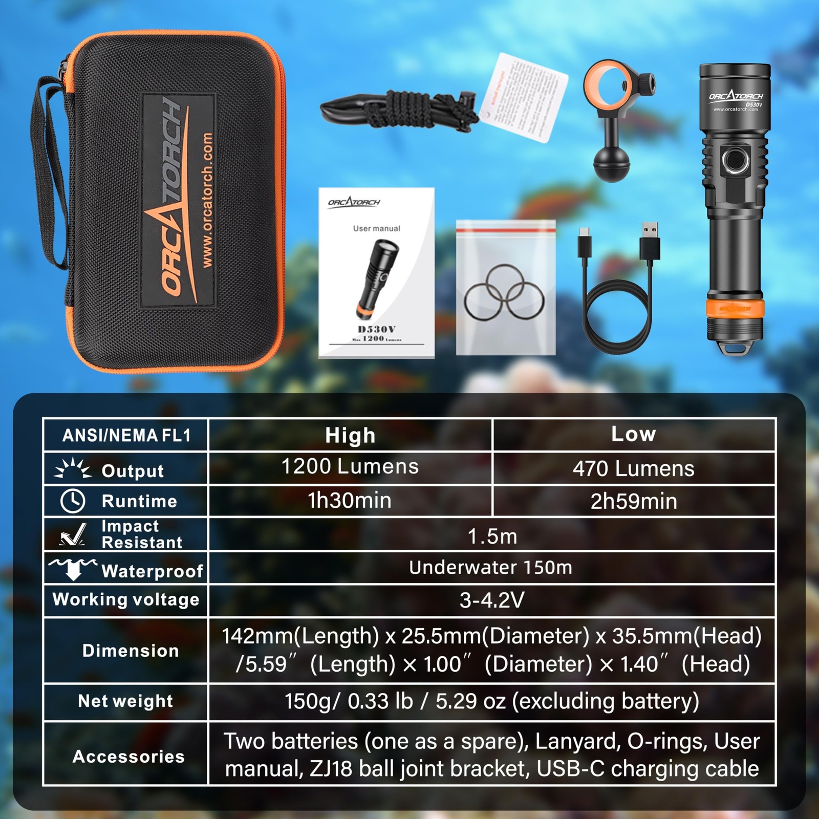 ORCATORCH D530V 1200 Lumen Scuba Diving Video Light 140 Degrees Super Wide Be…