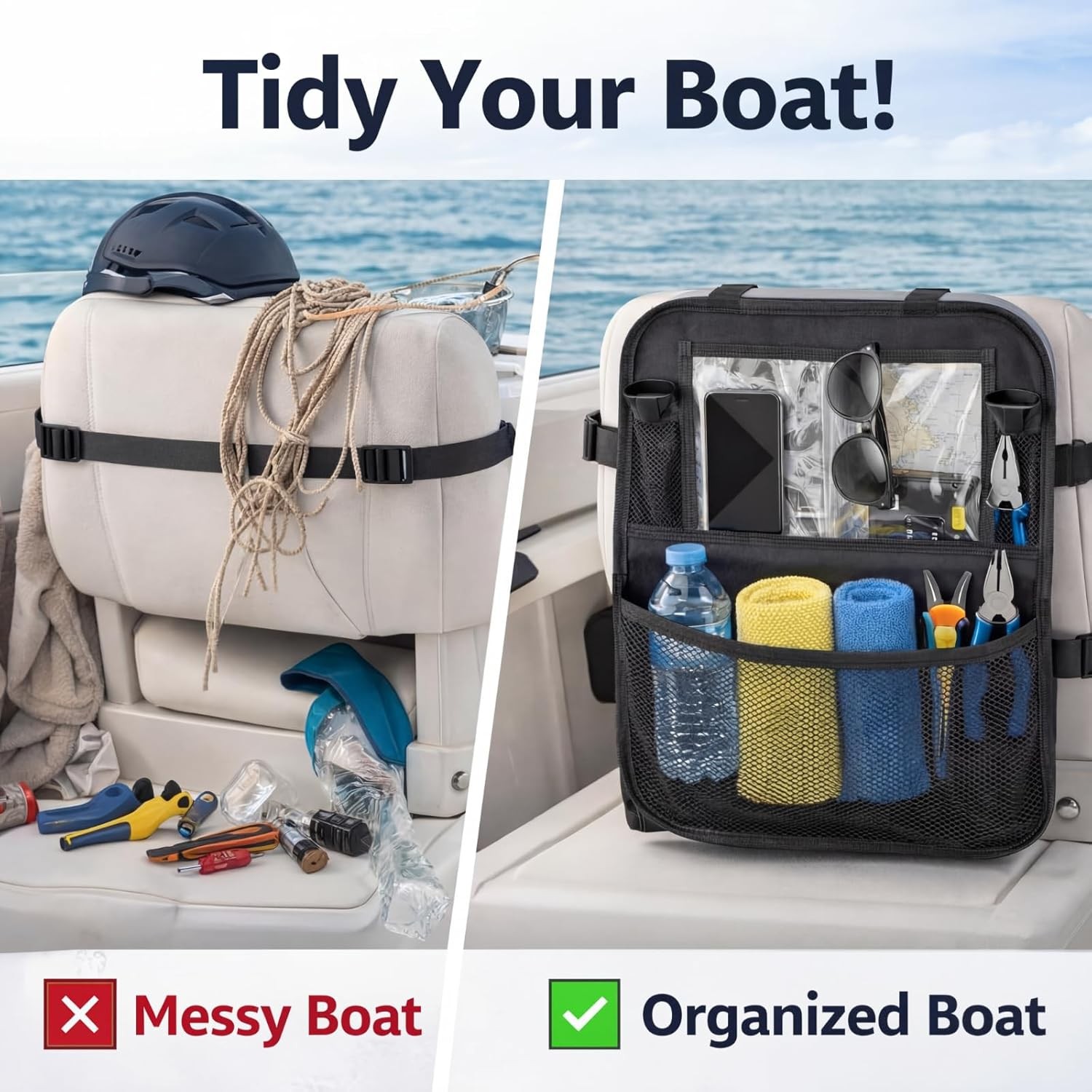 Boat Seat Organizer – Waterproof Marine Storage Bag with Large Mesh Pockets