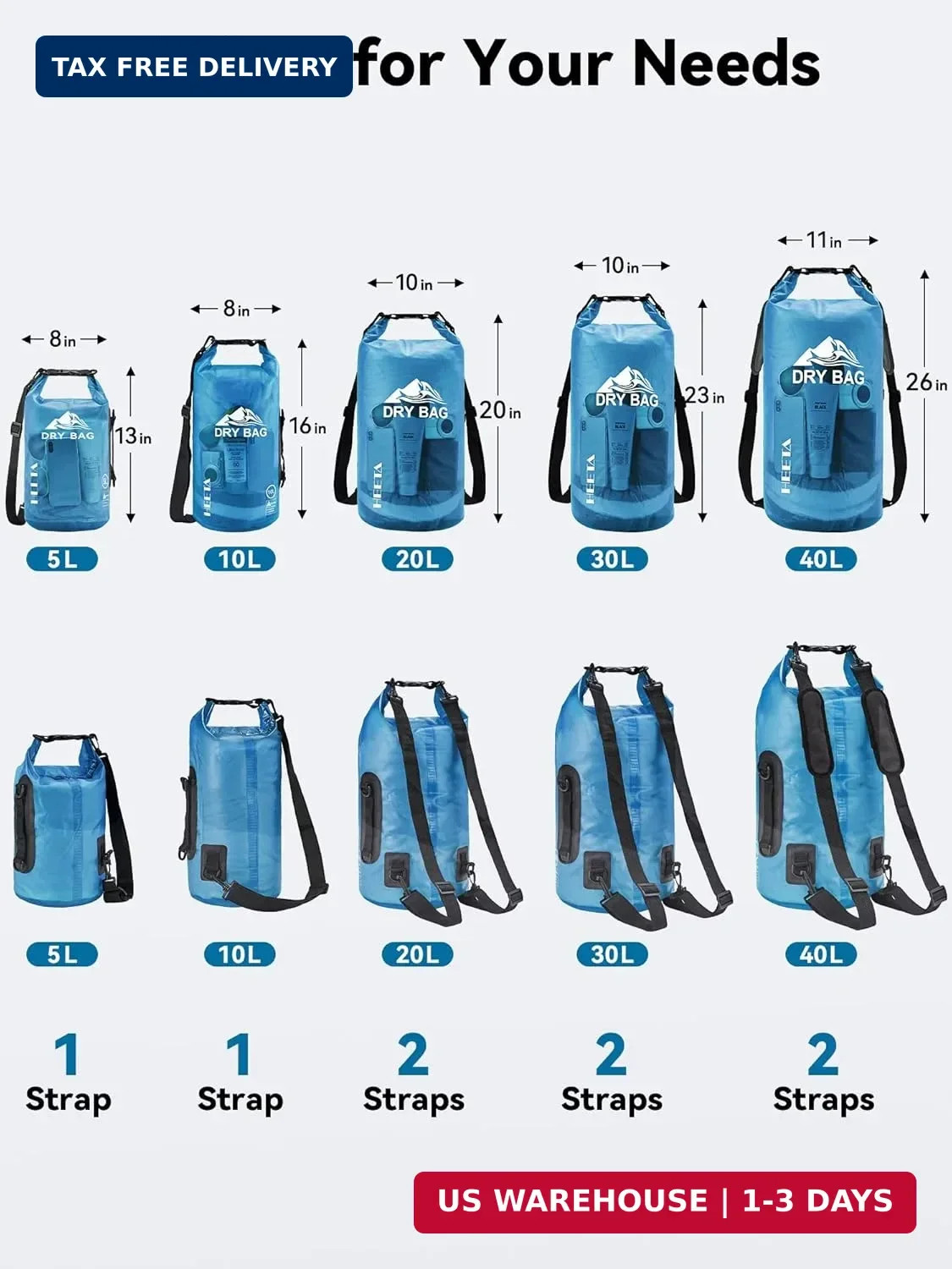 HEETA Dry Bag Waterproof for Women Men, 5L/10L/20L/30L/40L Roll Top Lightweight
