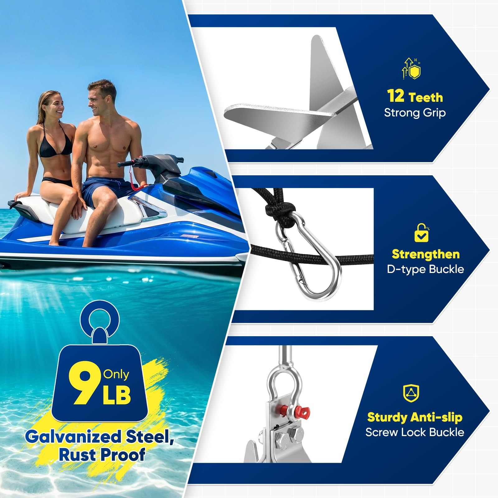 9 lb Galvanized Steel Boat Anchor Kit Folding for Small and Medium Boats