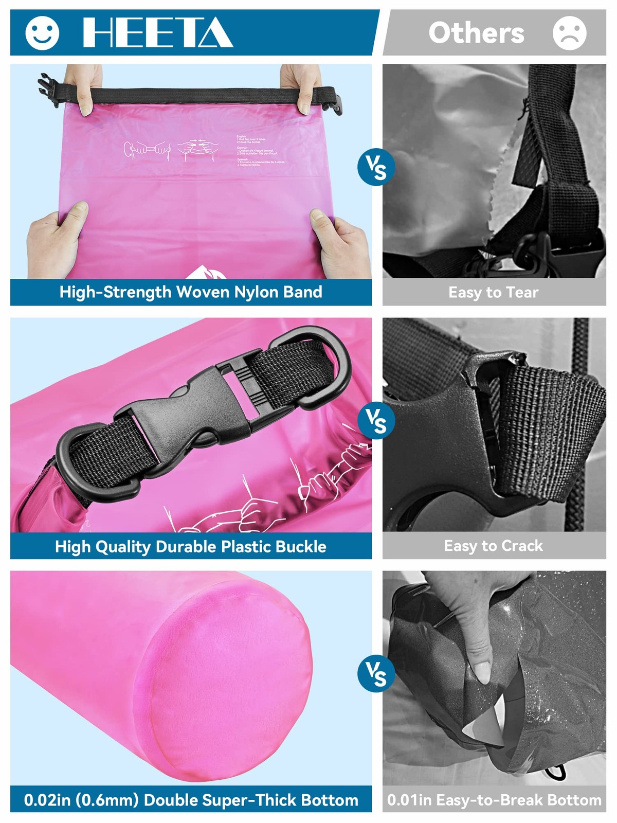 HEETA Dry Bag Waterproof for Women Men, Roll Top Lightweight 5L, Rose Red