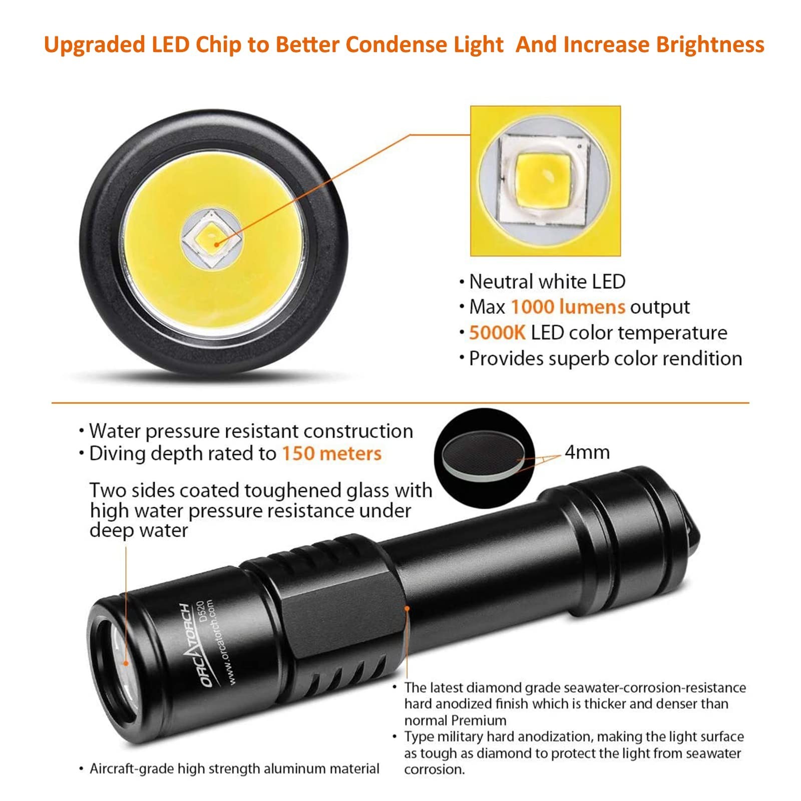 ORCATORCH D520 Scuba Dive Light 1000 Lumens Waterproof Diving Torch Submarine…