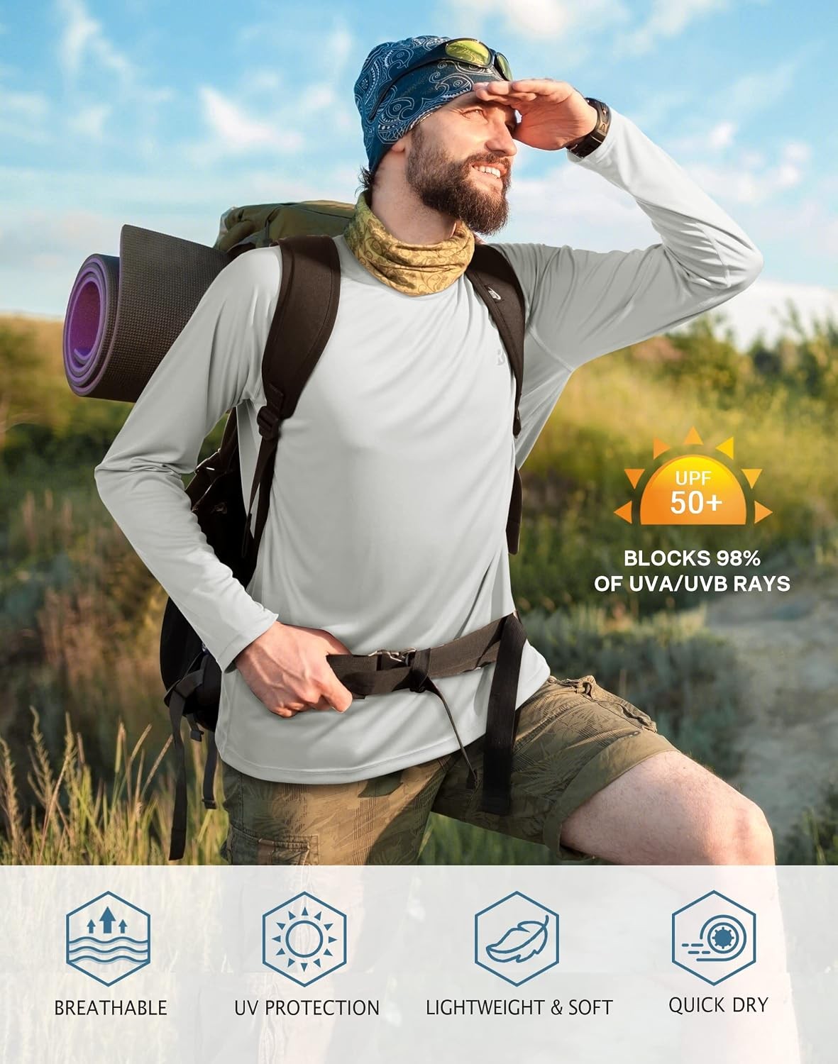 Roadbox Mens UPF 50+ UV Sun Protection Shirts Outdoor Long Sleeve SPF Rash Guard