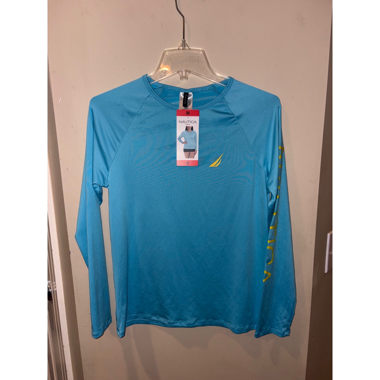 Nautica Womens Long Sleeve Rash Guard Blue Yellow Logo Swim Shirt Size M NEW