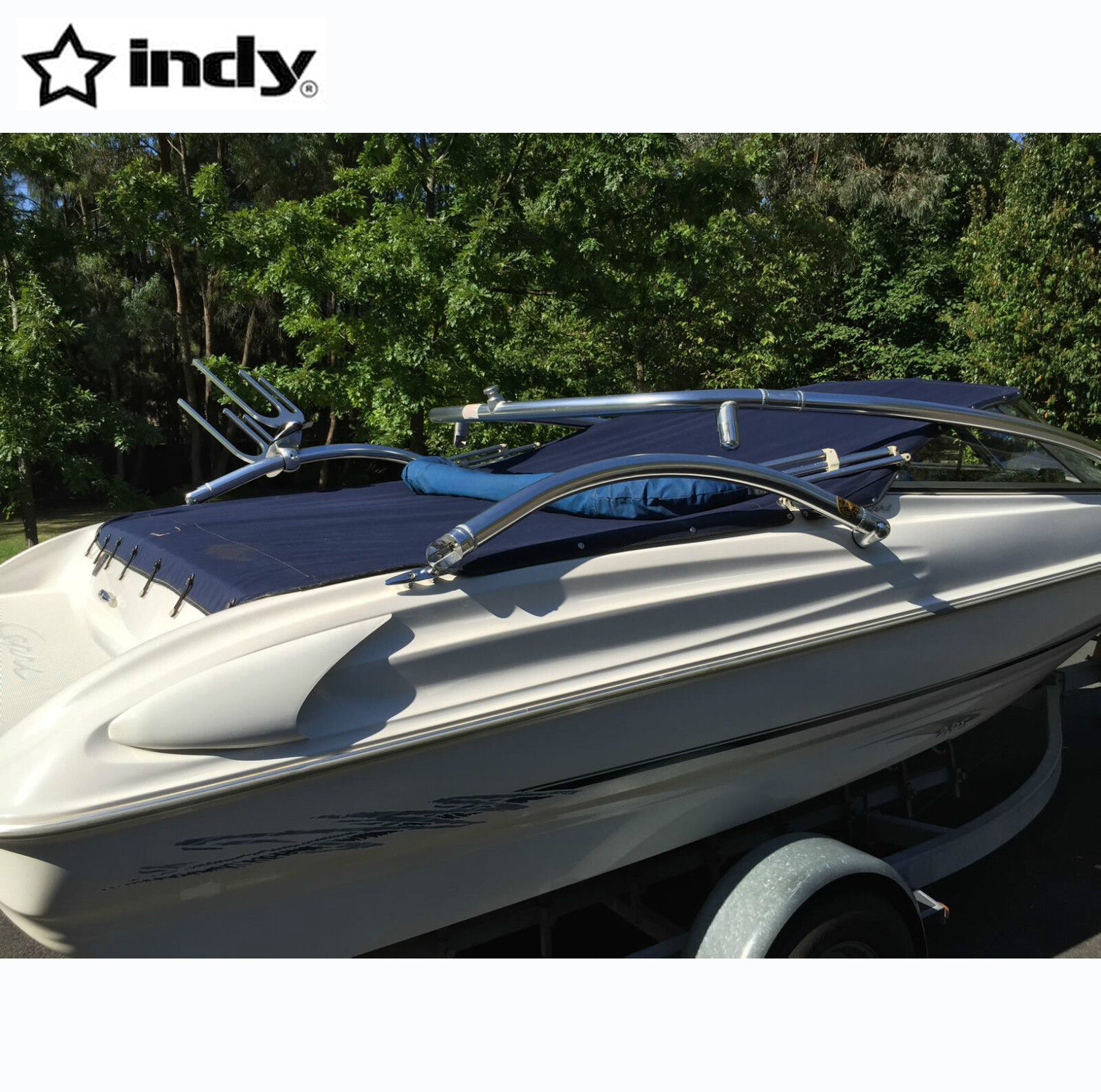 Indy Liquid Boat Wakeboard Tower + Flat Boat Tower Bimini Top Pkg 5 Yrs Wty