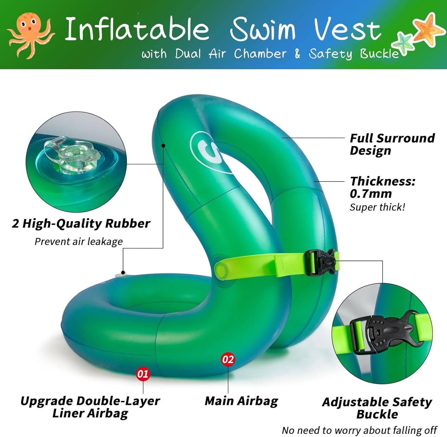 Inflatable Swim Vest for Teens & Adults – Lightweight Buoyancy Aid in Green-l