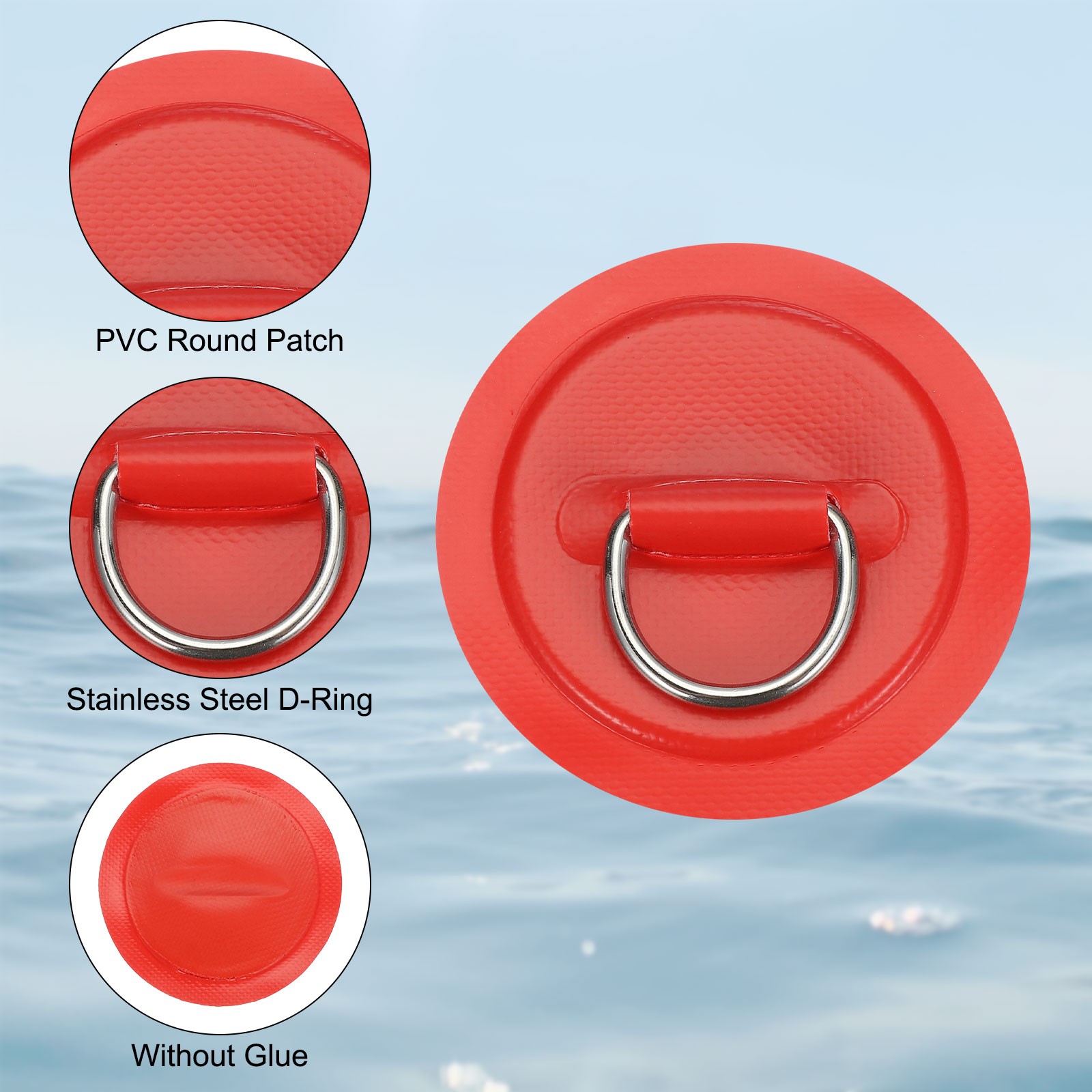 6Pcs Stainless Steel D-Ring Patch Round Patch with Elastic Cords & Hooks Red