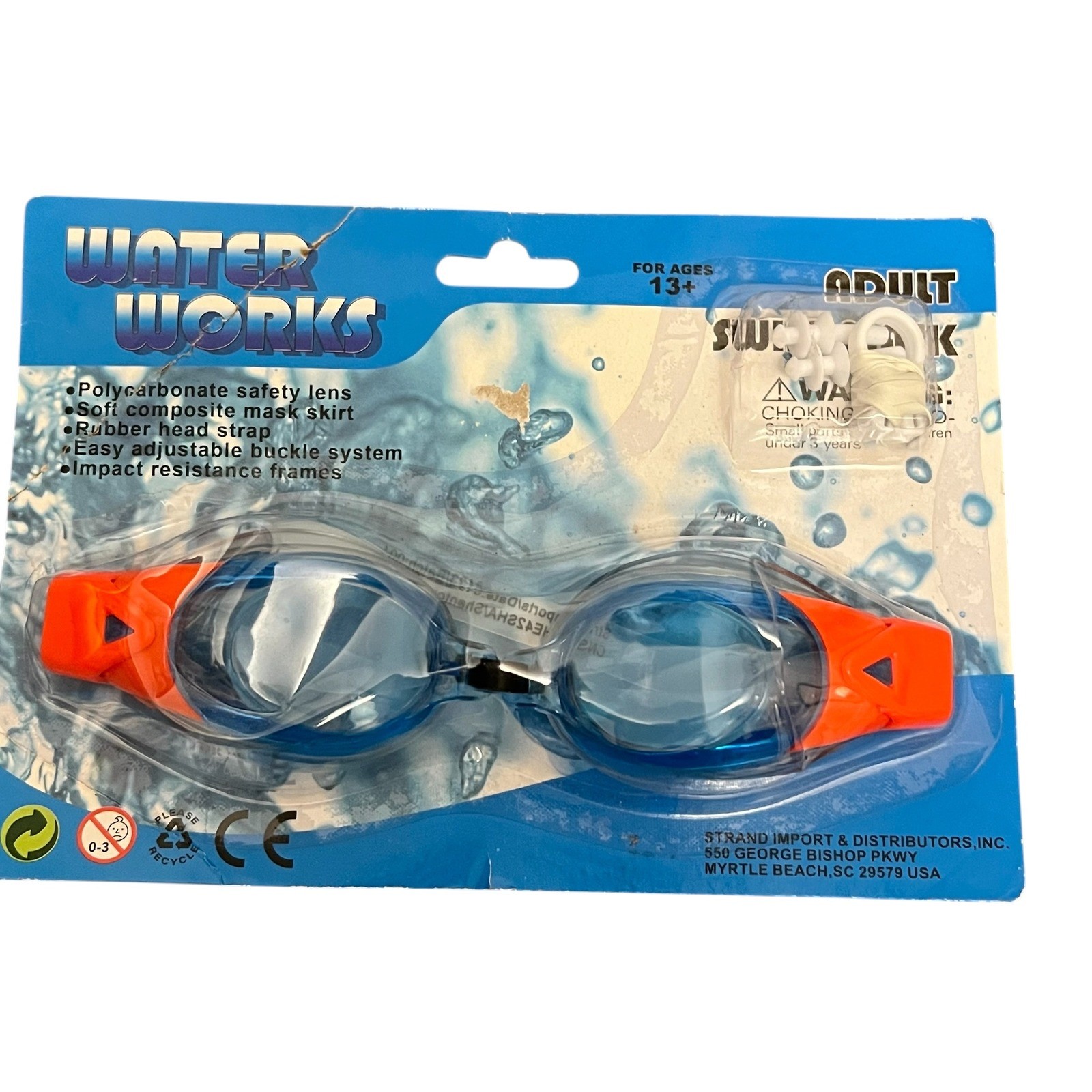 Water Works Adult Swim Goggles Orange Blue Polycarbonate Safety Lens Summer