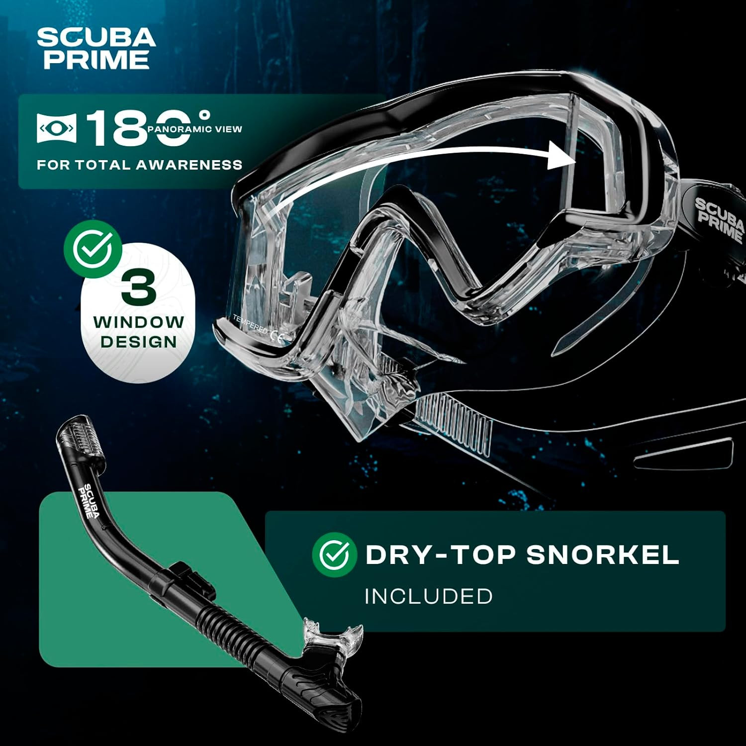 Pano 3 180° Panoramic Dive Mask, Three-Window Tempered Glass Scuba Mask with Dry