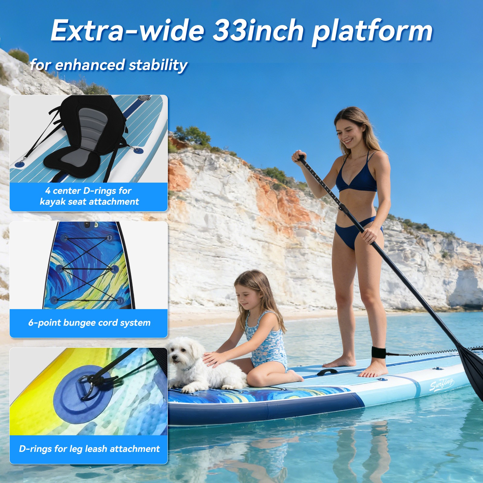 11FT Inflatable SUP Surfboard 33″ Wide 330LBS Kayak Seat 3-Fin Complete System