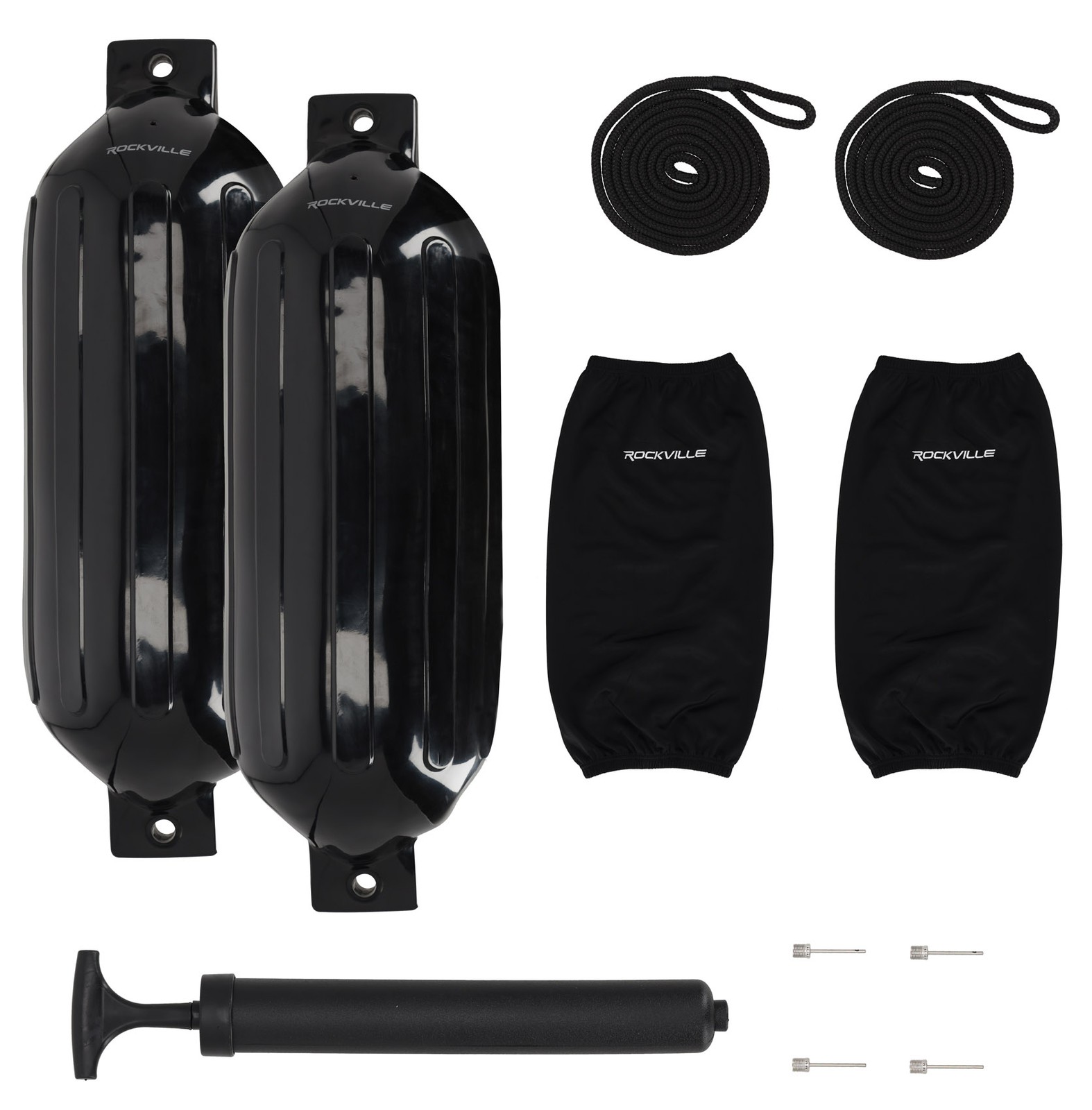 Rockville FEN210-BLACK Boat Fender Package 2 Bumpers 10″x30″, 2 Covers, 2 Lines