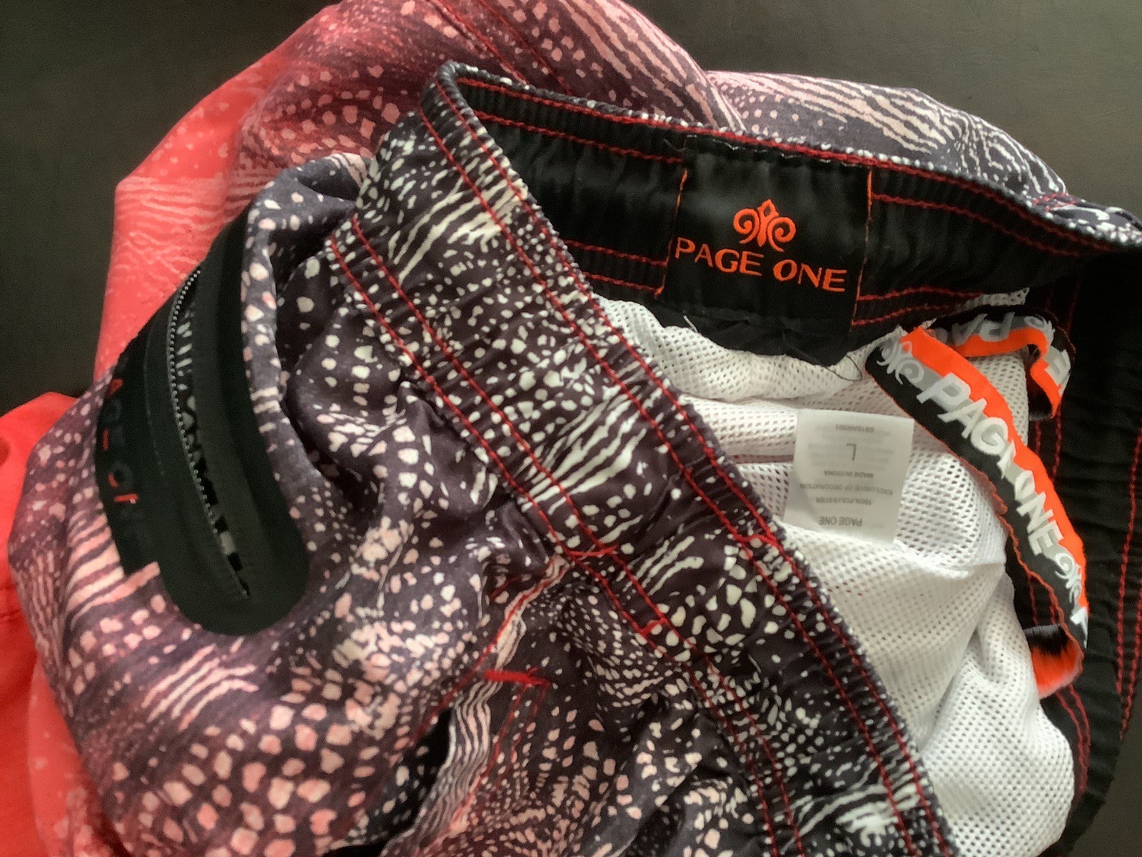 PAGE ONE Mens Size L Swim Trunks Beach Board Shorts Neon Orange Design