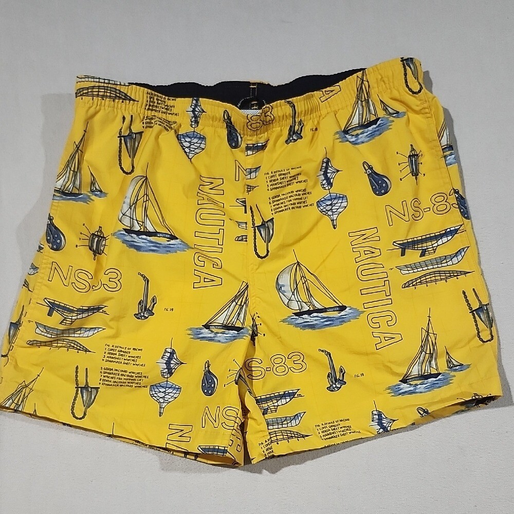 Nautica Vintage Yellow & Blue Swim Trunks with Nautical Sailing Design Men M