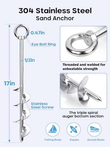 17″ Sand Anchor Kit, 304 Stainless Steel Triple Spiral Auger Boat Anchor for …