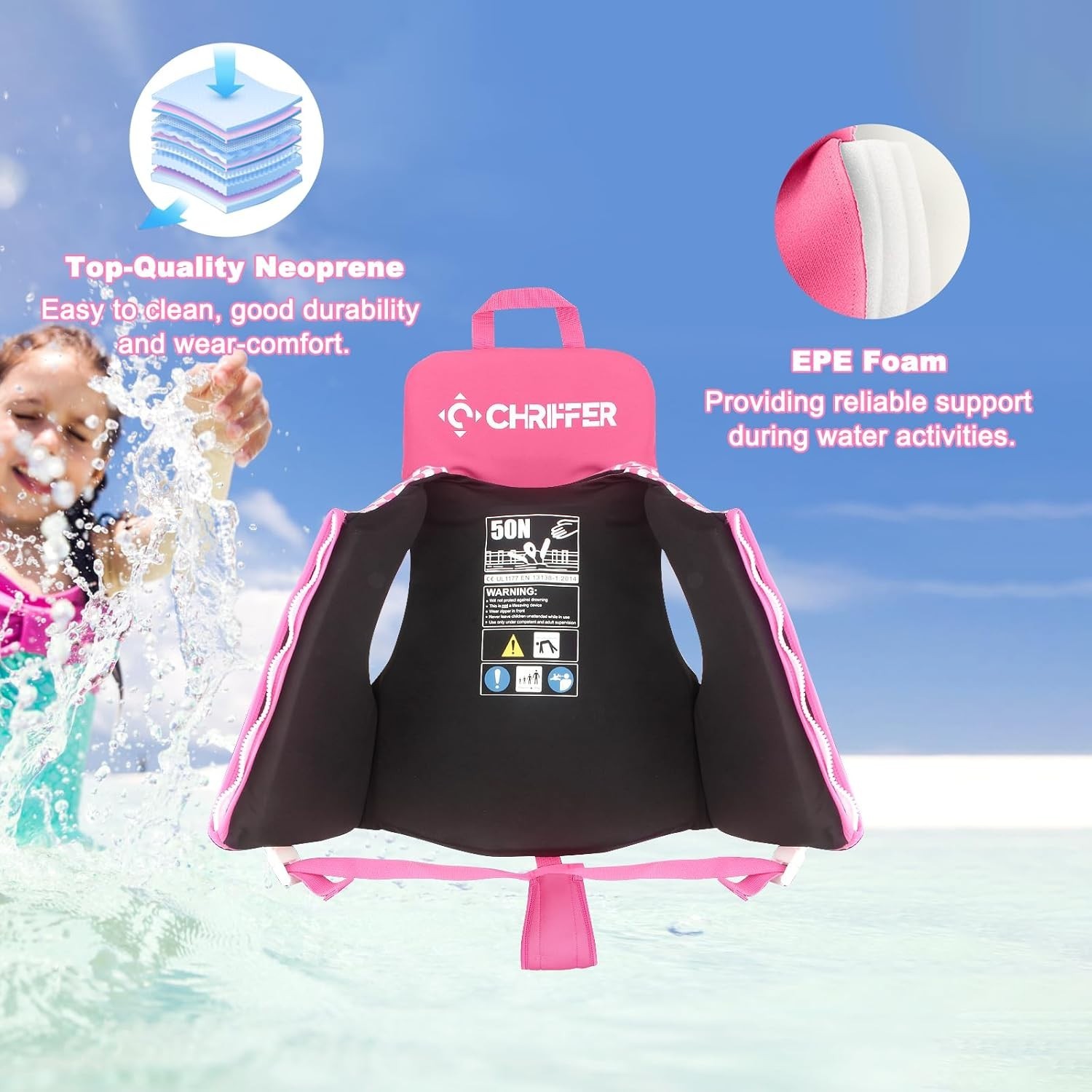 Chriffer Kids Swim Vest for 30- 50 Pounds Girls, Easy On/Off Zipper….