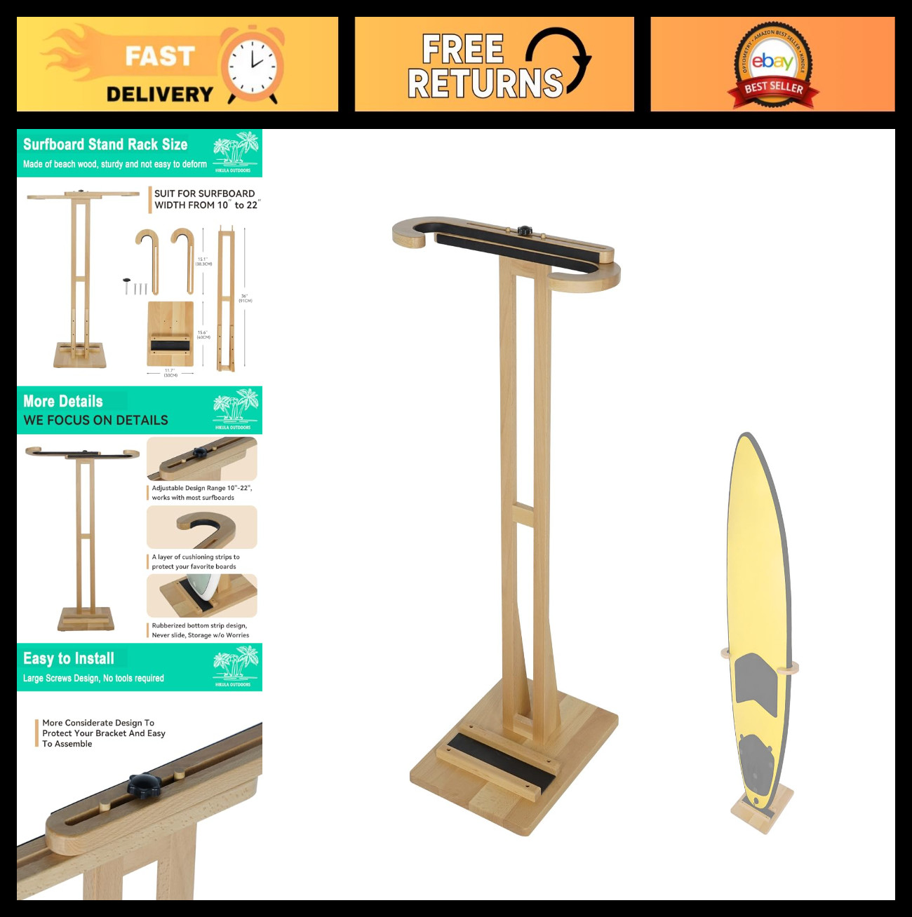 Surfboard Stand Rack – Indoor Display for Shortboard & Longboard, Wooden Organiz