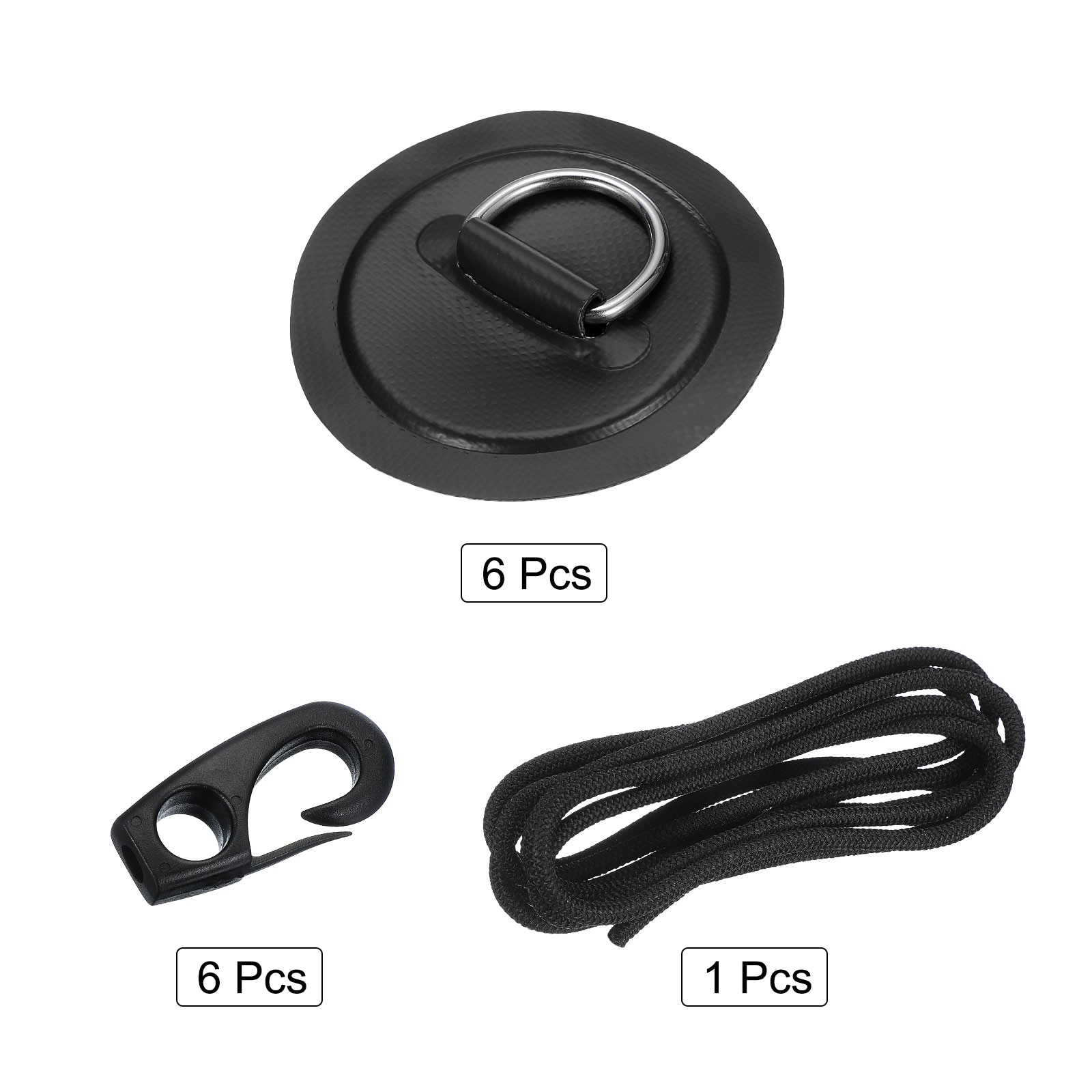 6Pcs Stainless Steel D-Ring Patch Round Patch with Elastic Cords & Hooks Black