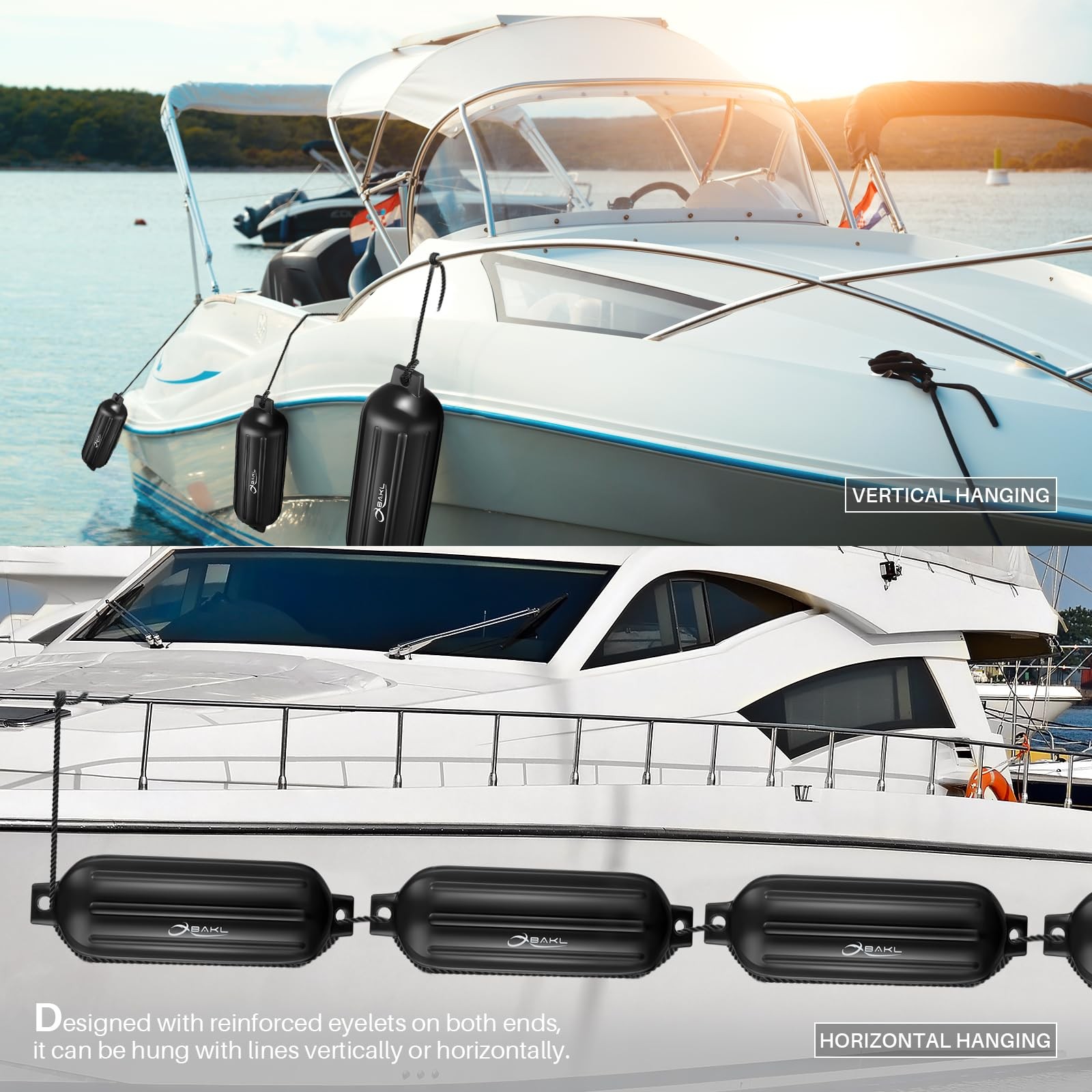 OBAKL Boat Fenders 4 Pack 8.5 x 27 Inches Ribbed Twin Eyes Obsidian Black