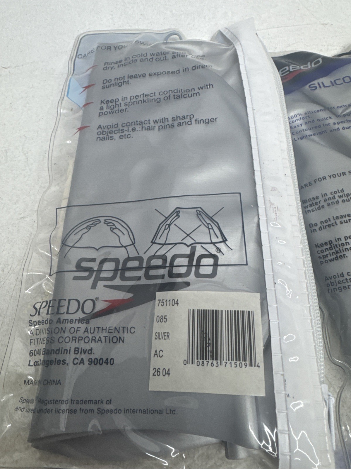 2-Speedo Swim Cap Silver Adult Unisex 100 % Silicone Competition Swimming