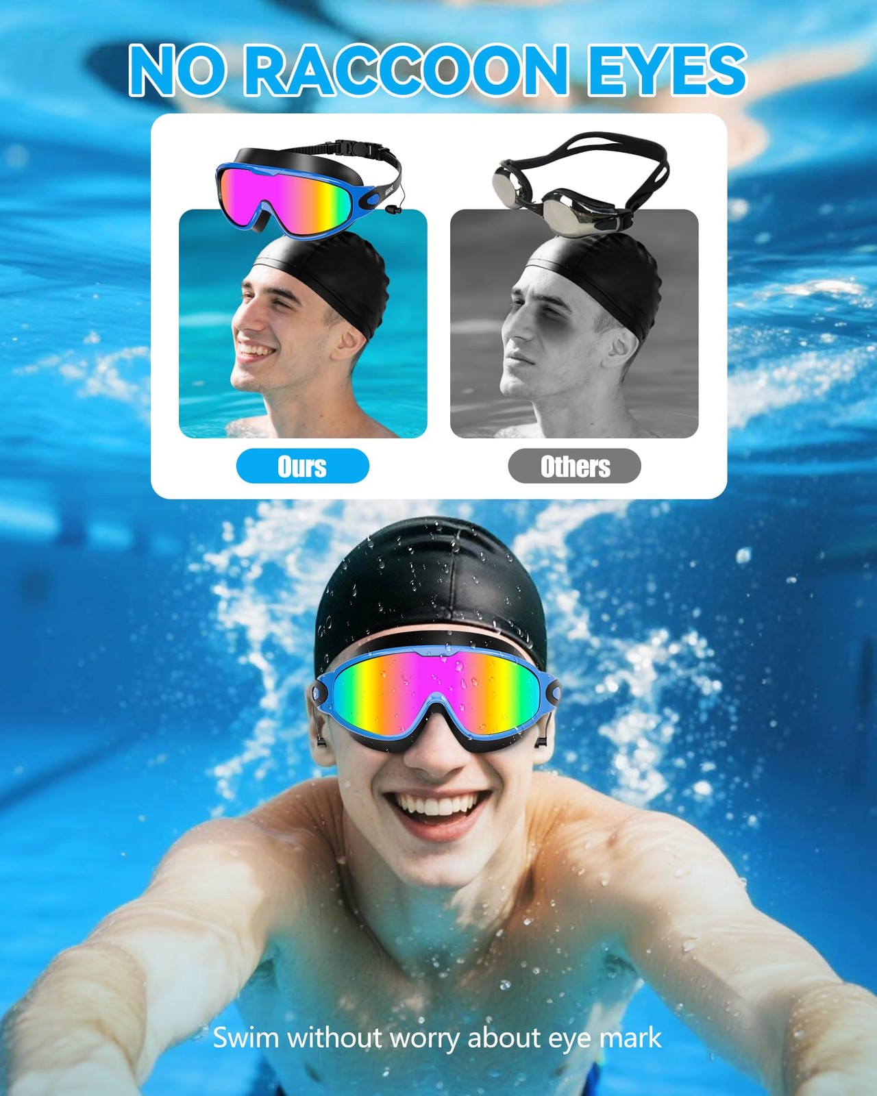 Swimming Goggles for Adult Kids Wide View Anti-Fog UV w/ Earplugs Nose Clips