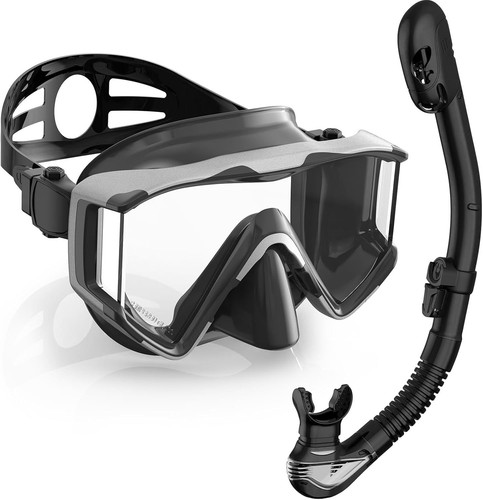 Greatever Snorkel Set Pano 3 Window Mask Adult, Black Silver