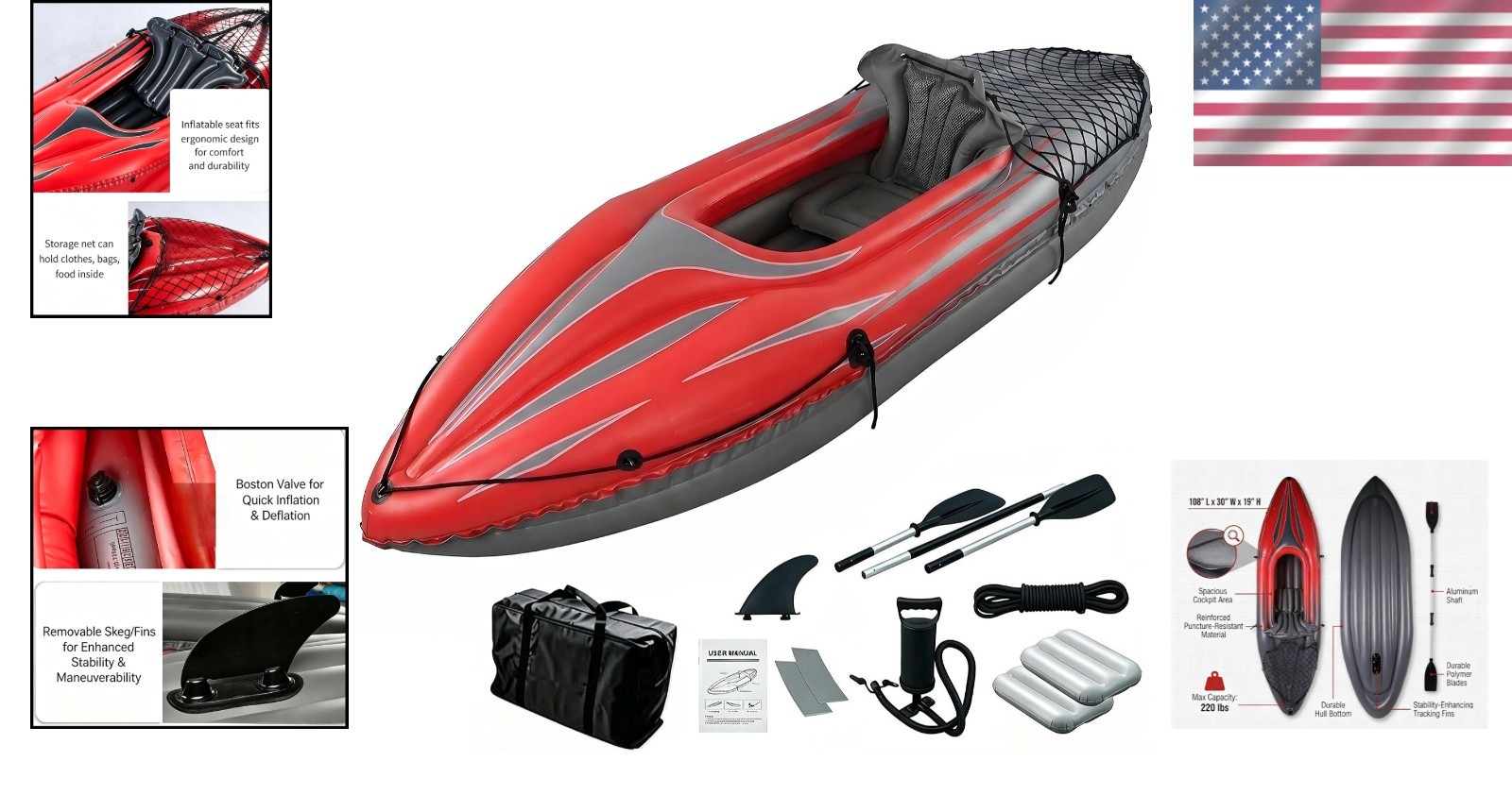 Compact 9 ft Inflatable Kayak with High Output Pump & Aluminum Oars – 15 lbs