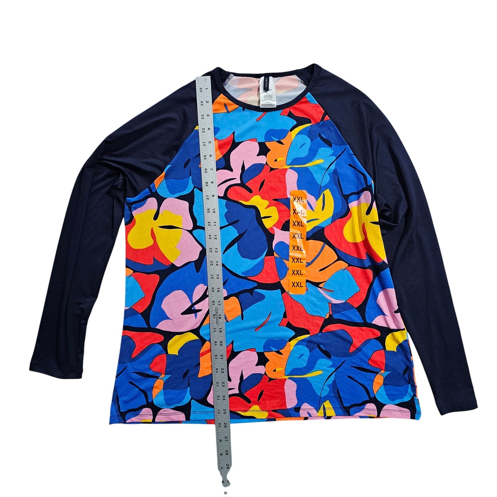Nautica XXL Women XXL Navy Tropical Rash Guard Long Sleeve Swim Top