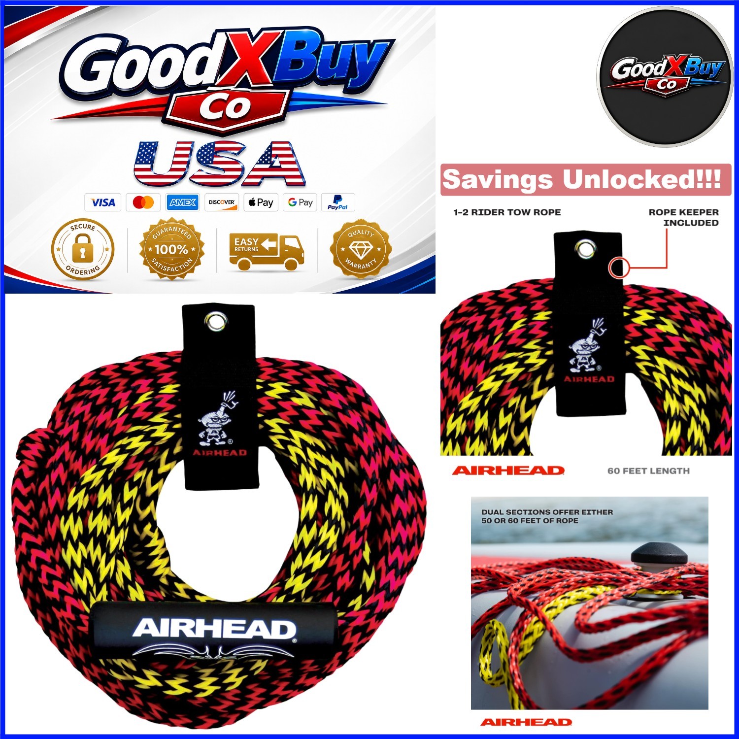 60 ft Heavy Duty Tow Rope for Tubing 1-4 Person, UV Resistant Polypropylene