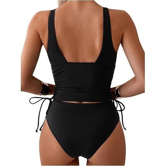 SweatyRocks Women’s XL Black 2 Piece Bathing Suit Tankinis Deep V Neck Drawstri