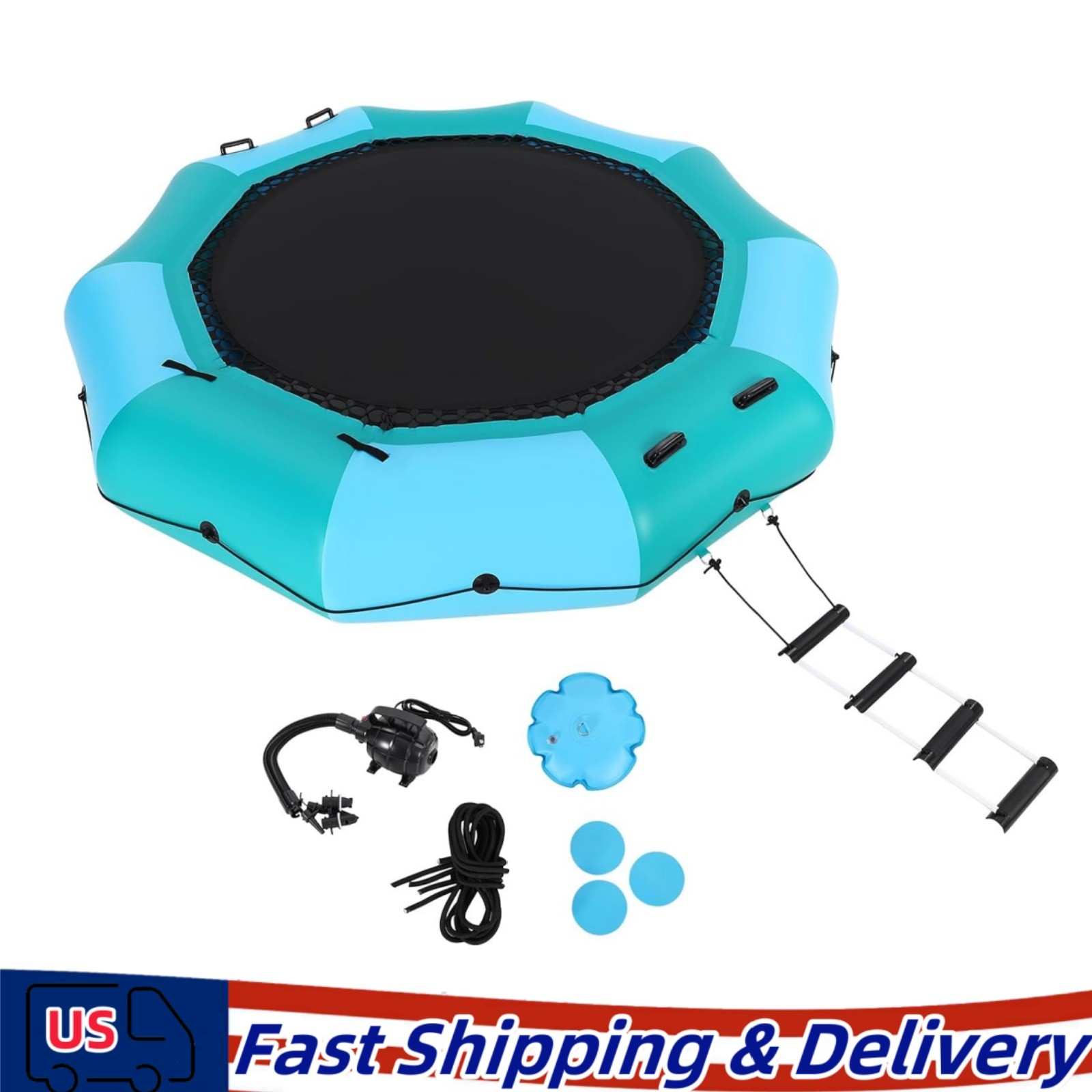 Floating Water Trampoline 15FT Inflatable Bounce Platform with Pump and Ladder