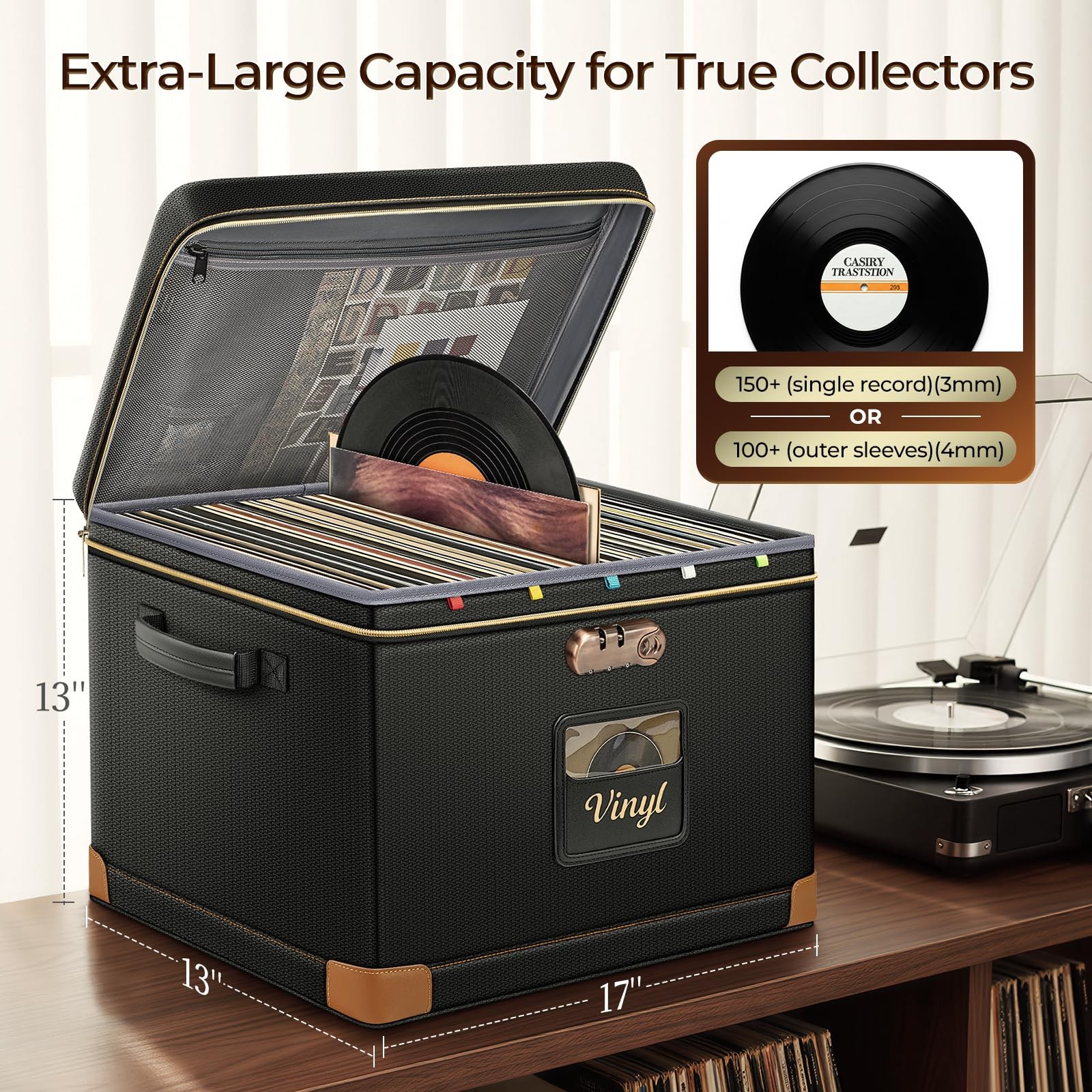 DEEGO Vinyl Record Storage Box with Lock, 17 x 13 x 13 inches, BLACK