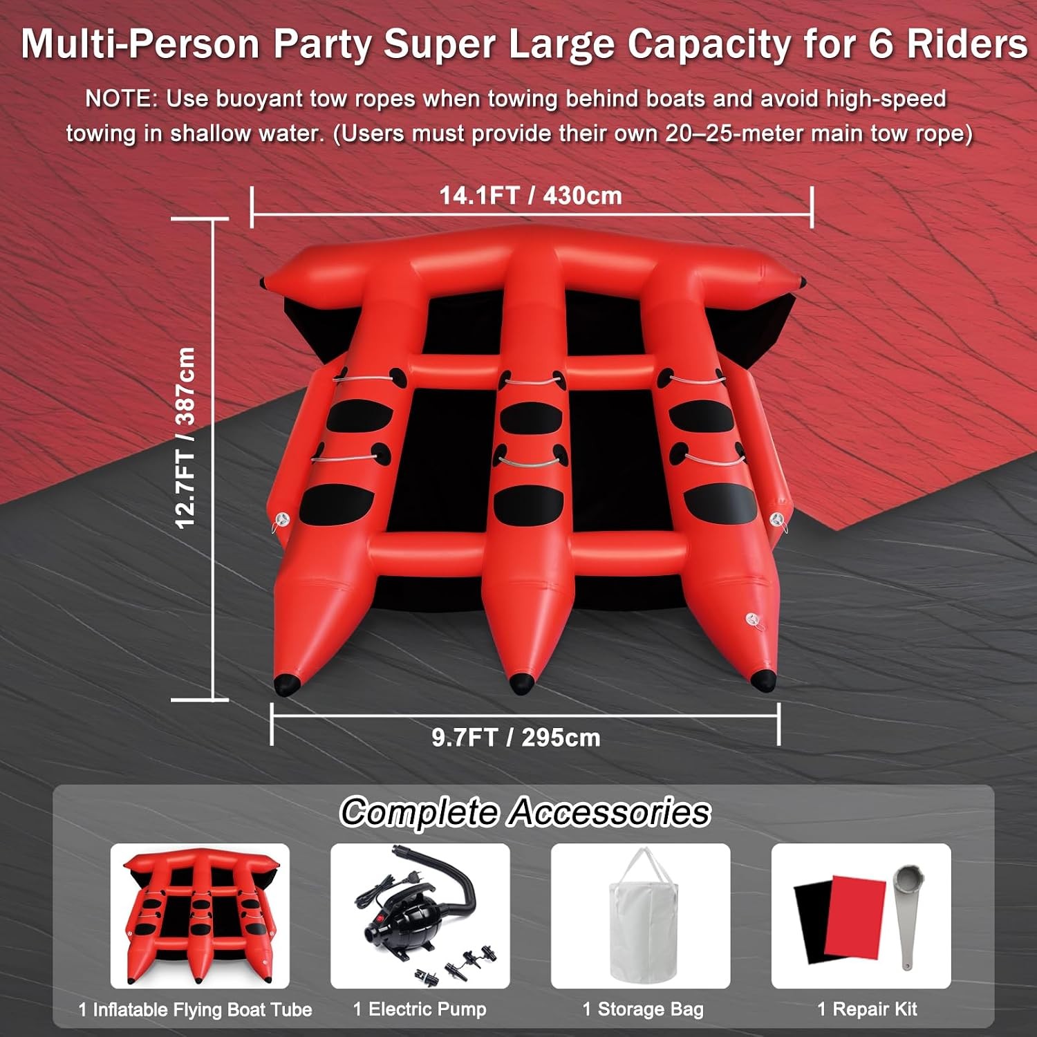 Towable Inflatable Boat Tube 2-6 Person Flying Tube w/Electric Pump Handles