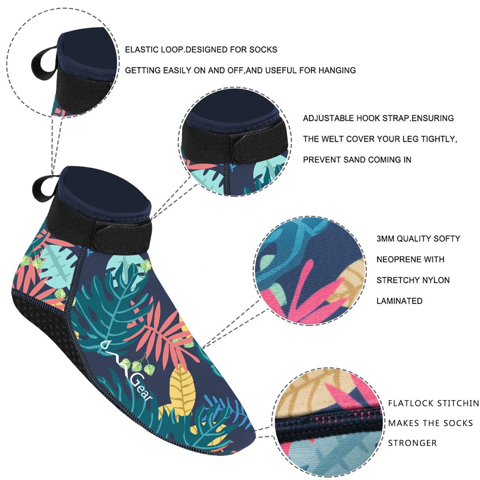 OMGear Water Socks Neoprene Beach Booties X-Small, 3mm Low Cut/Leaf