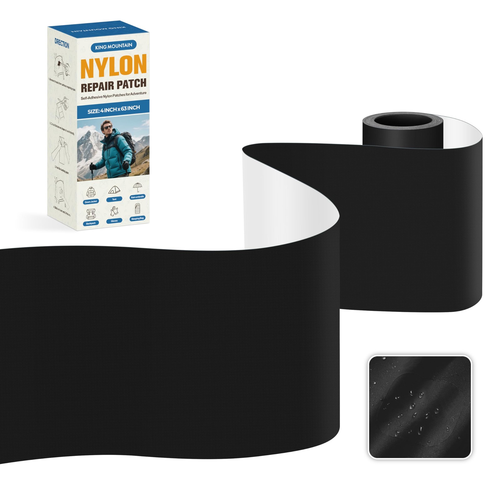 KING MOUNTAIN Self Adhesive Nylon Fabric Repair Tape, Nylon-4″W×63″L, Black
