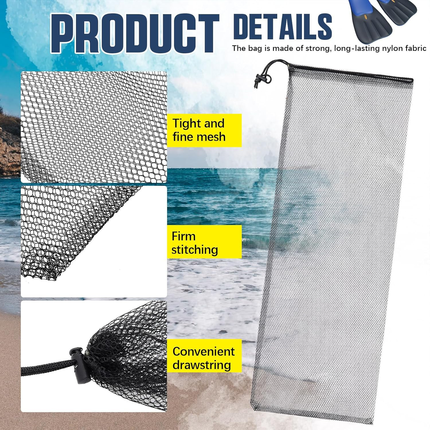 2 Pcs Diving Snorkeling Mesh Drawstring Bags 29.5×10.8 Inches Black Quick-Dry Ge