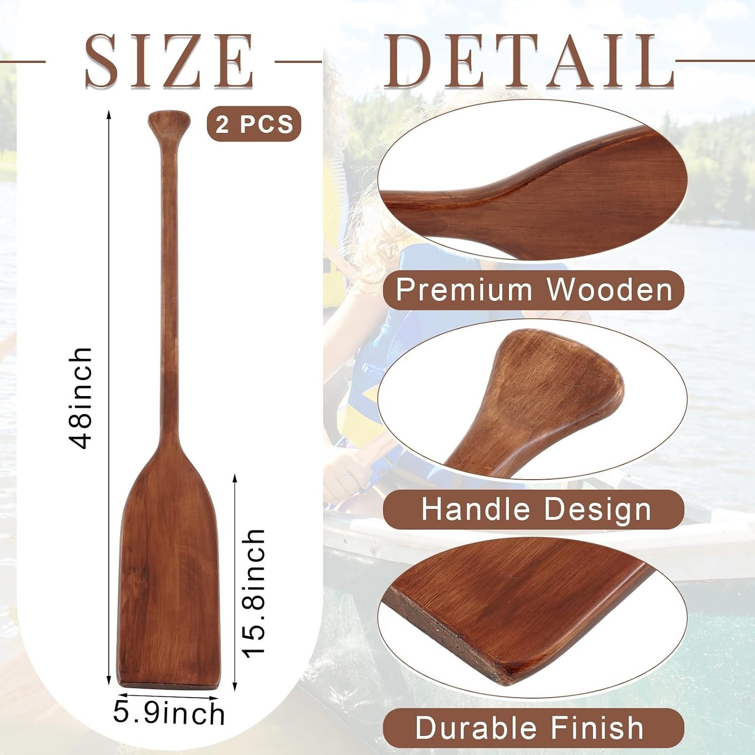 2 Pcs 2.5-4ft Wooden Canoe Oar Paddle, 30-48” Solid Pine Paddle Canoe, for K…
