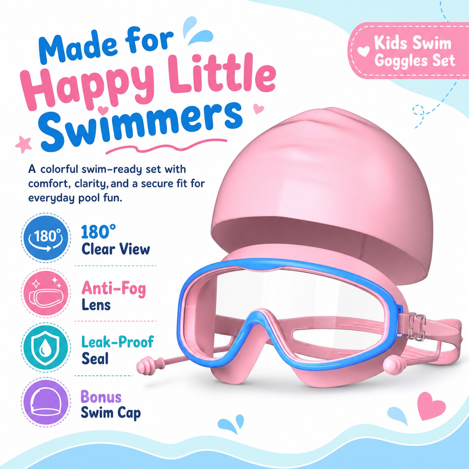 2PCS Kids Swimming Goggles And Swim Cap Set for 3-15 UV Protection Anti-Fog Pool
