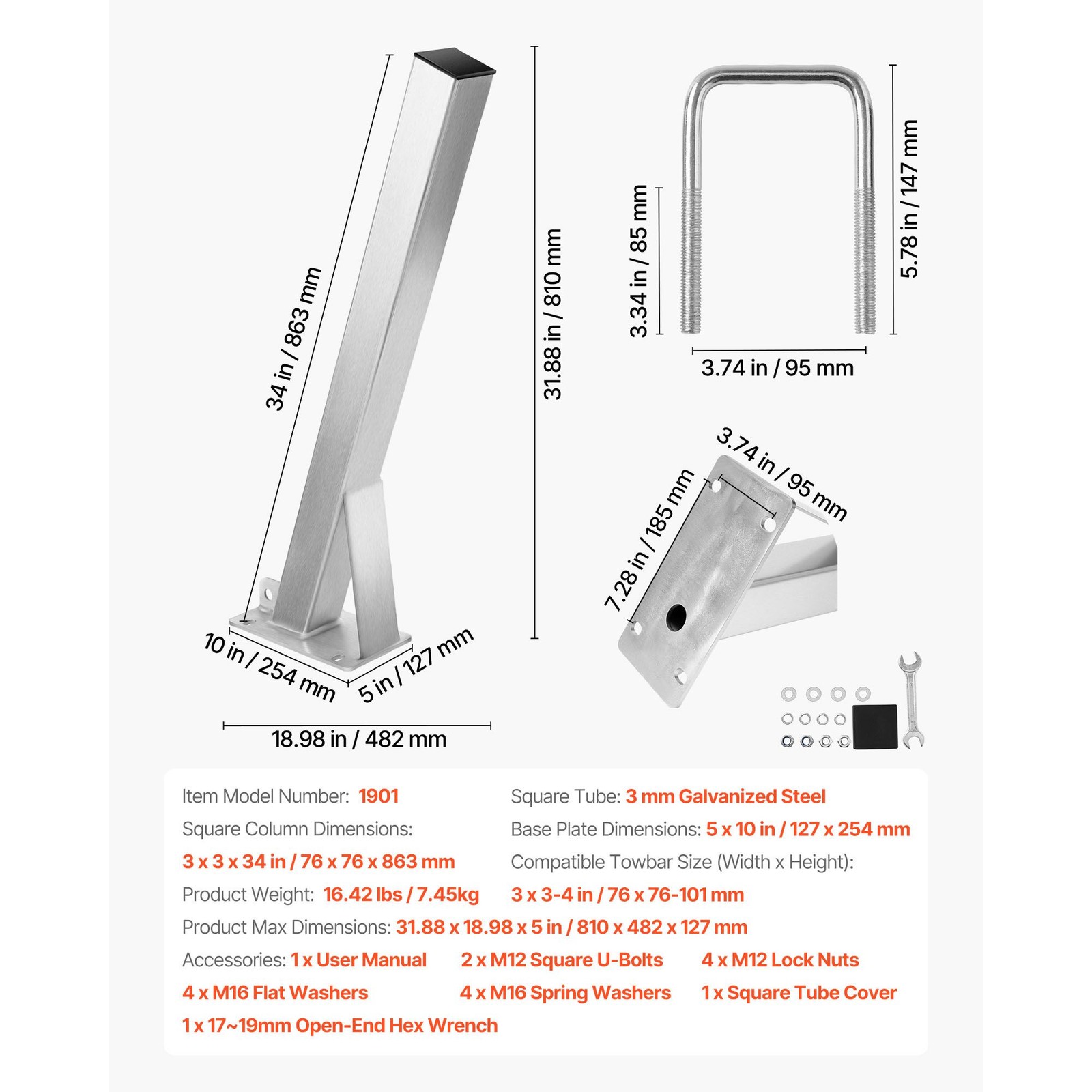 Boat Trailer Winch Stand, 3x3x34 Inch Posts, Galvanized, U – Bolts, for Jet Ski