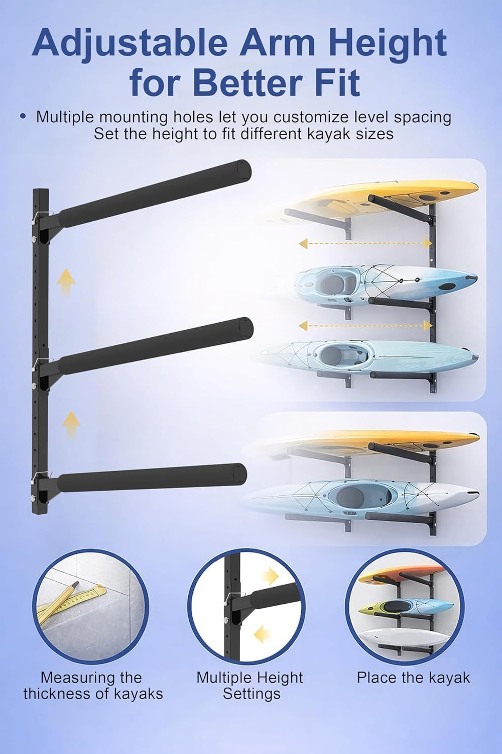 Kayak Wall Rack, Heavy Duty Wall Mount Storage Rack for Multiple Kayaks, with Ad