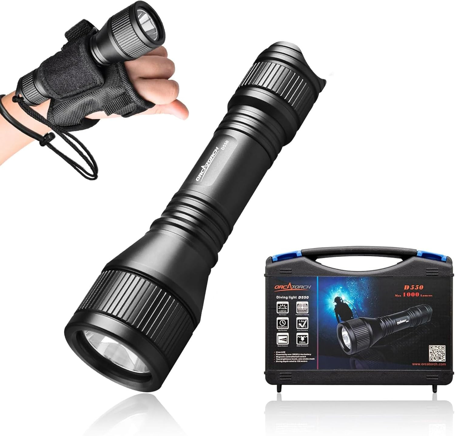 ORCATORCH D550 Dive Light 1000 Lumens Scuba Diving Flashlight 3 Modes IP68 Water