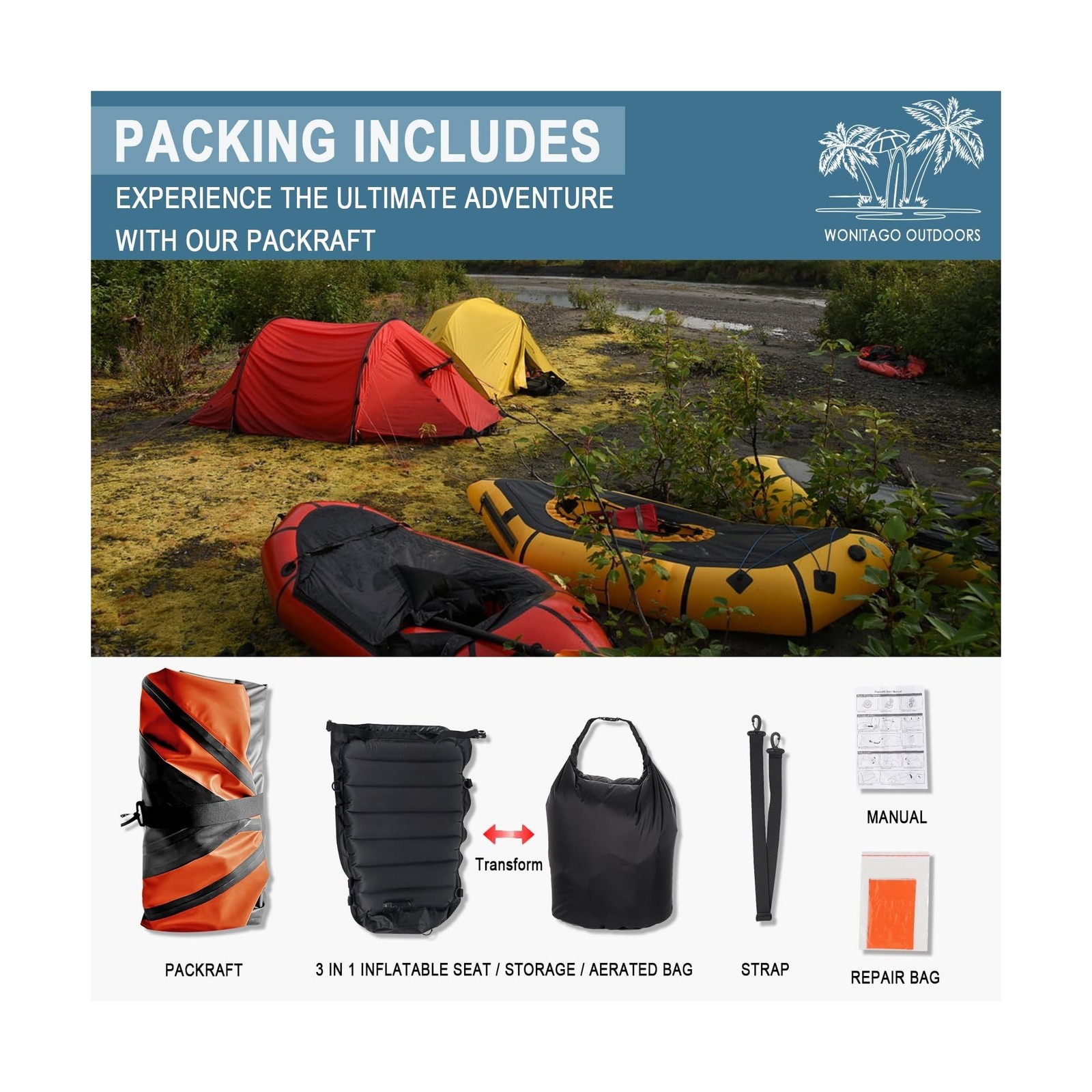Packraft TPU Inflatable Travel Kayak with Soft Seat Lightweight Packrafts for…