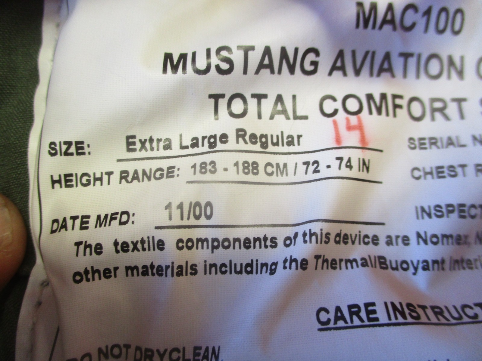 Mustang Survival Aviation Coverall XLR Xtra Lrg Reg Size 14 MAC100