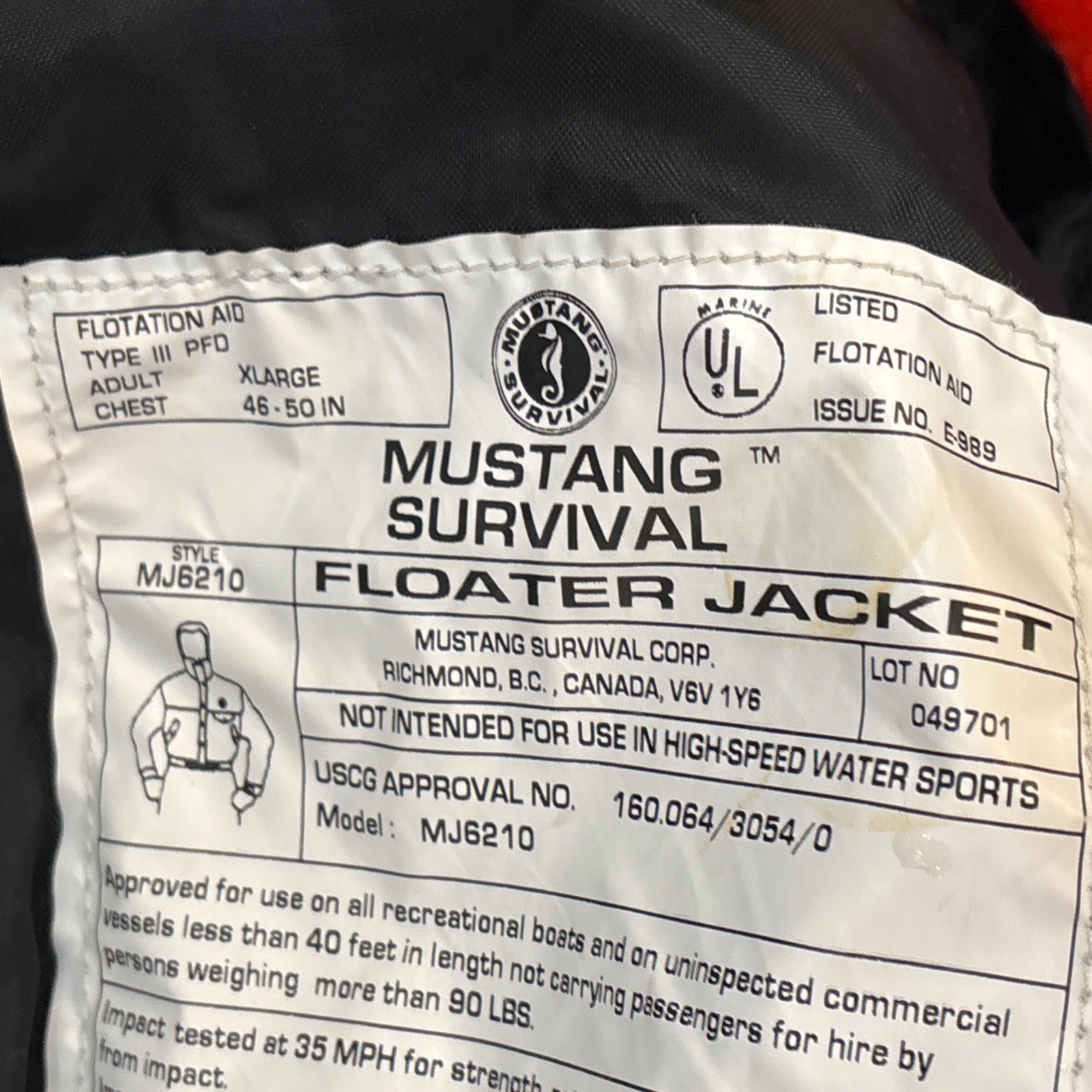 Mustang Survival High-Viz Flotation Bomber Jacket Orange Size XL 46-50