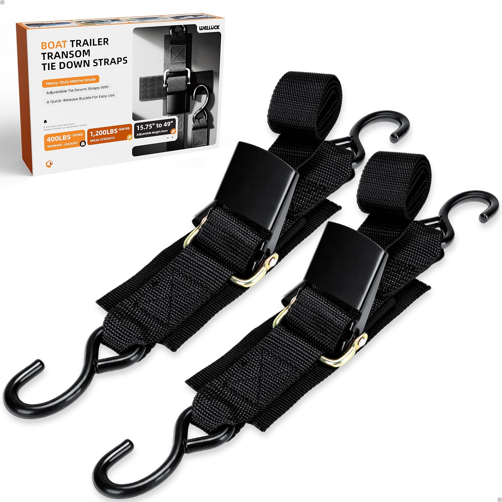 WELLUCK Boat Trailer Transom Tie Downs 2 in x 4 ft/1200lbs（2 pack）, Black